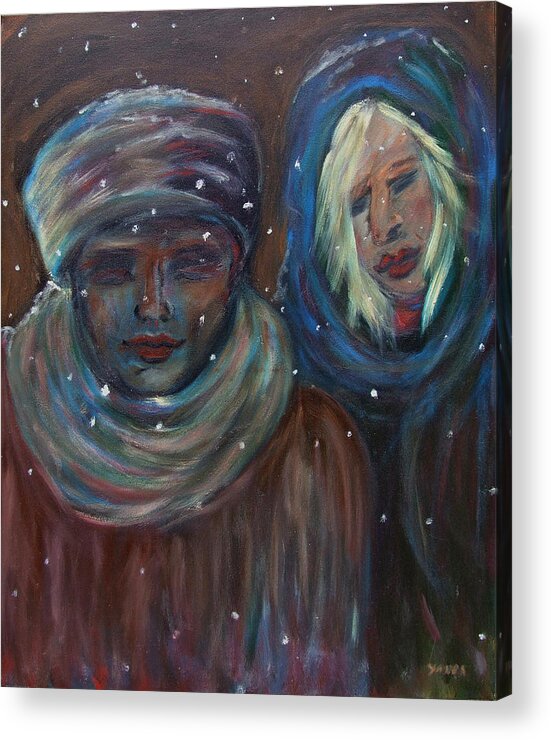 Katt Yanda Original Art Oil Painting Canvas Snow Snowflakes Two Women Winter Peaceful Acrylic Print featuring the painting Color of Winter by Katt Yanda