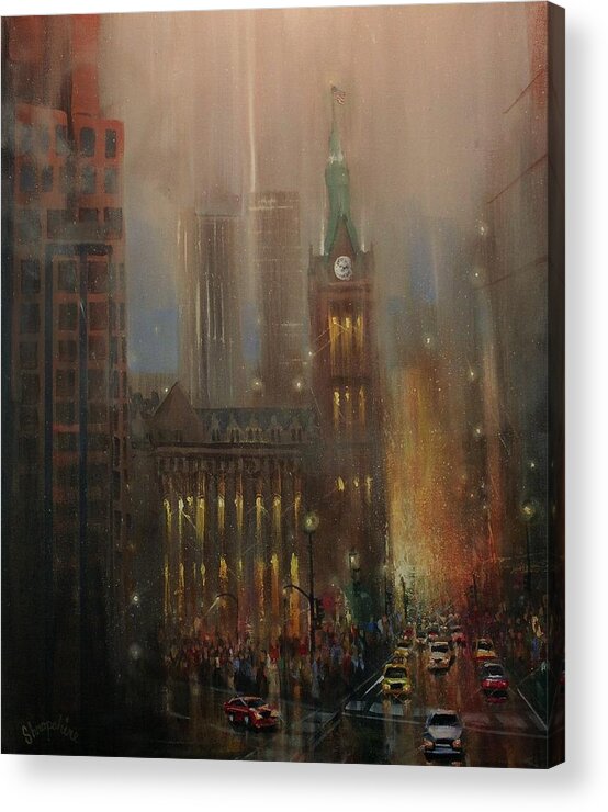 City At Night Acrylic Print featuring the painting Milwaukee Rain by Tom Shropshire
