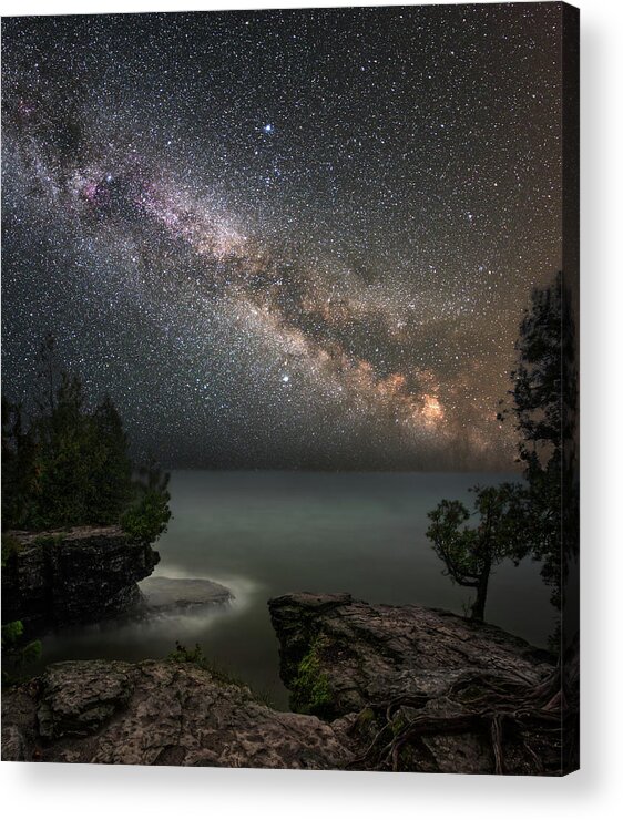 Door County Acrylic Print featuring the photograph Cave Point Dreams - Milky Way over Lake Michigan at Cave Point Park by Peter Herman