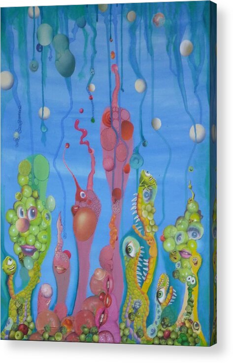 Bizarre Strange Weird Surreal Fantasy Quirky Biomorphic Organic Collage Quirky Whimsical Acrylic Print featuring the mixed media Bizarro GardenScape by Douglas Fromm