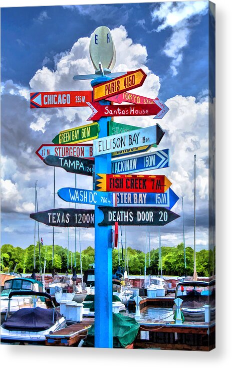 Door County Acrylic Print featuring the painting Door County Directional Sign in Egg Harbor by Christopher Arndt