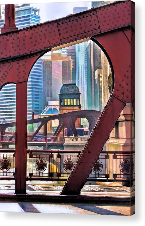 Bridge Acrylic Print featuring the painting Chicago River Bridge Framed by Christopher Arndt