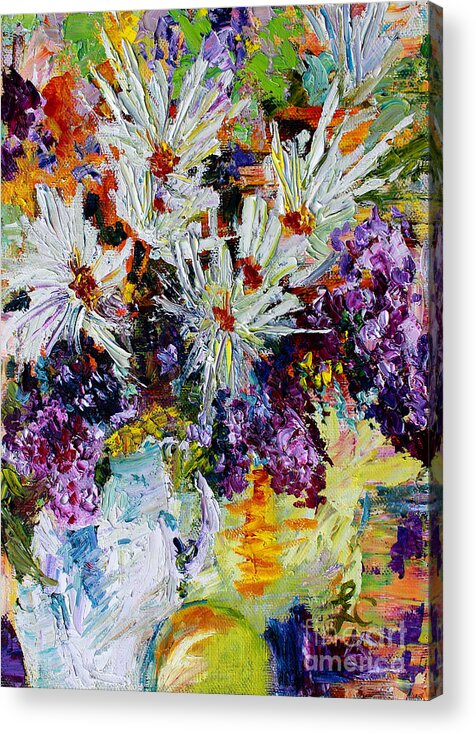 Chrysanthemums Acrylic Print featuring the painting Chrysanthemums and Lilacs Still Life by Ginette Callaway