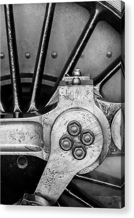 Vintage Acrylic Print featuring the photograph Steam Engine Wheel BW by Rick Deacon