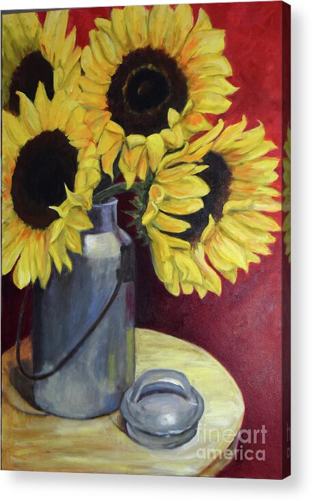 Sunflowers Acrylic Print featuring the painting Sunflowers in Tin Milkcan by Sandra Nardone