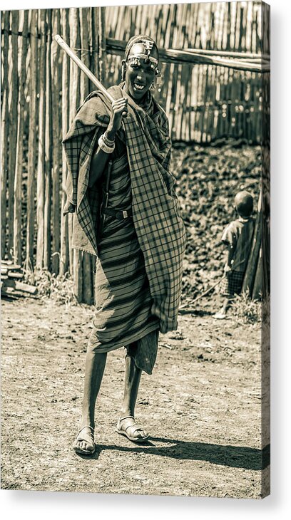 Ngorongoro Maasai Tanzania Acrylic Print featuring the photograph Portrait Maasai Warrior Tanzania 4132 by Amyn Nasser
