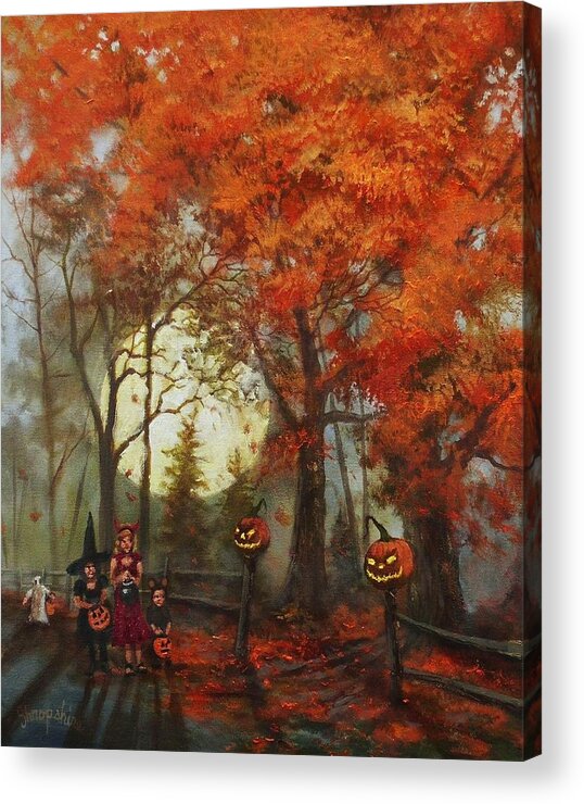  Autumn Acrylic Print featuring the painting Full Moon on Halloween Lane by Tom Shropshire