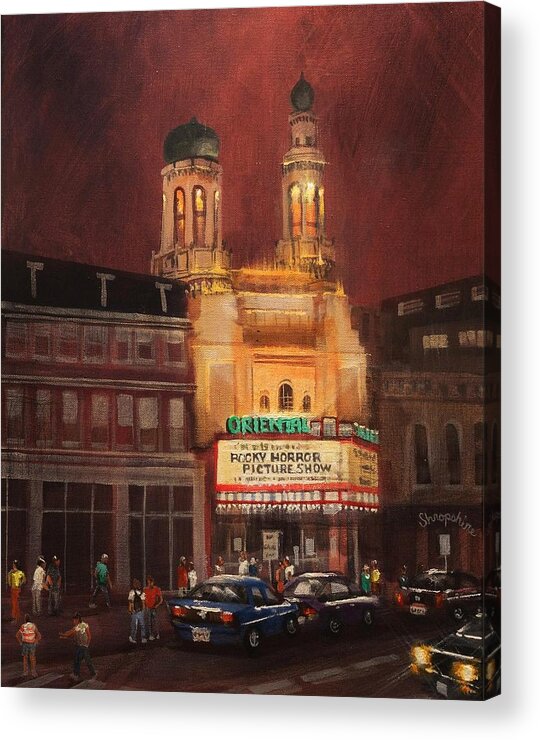 City At Night Acrylic Print featuring the painting Oriental Theater Milwaukee by Tom Shropshire