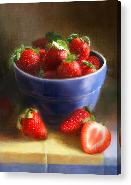 Strawberry Acrylic Print featuring the painting Strawberries on Yellow and Blue by Robert Papp