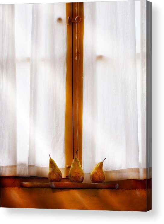 Pears On Italian Window Sill Still Life Art Print Acrylic Print featuring the photograph Three Pears Sheer Curtain by Bob Coates