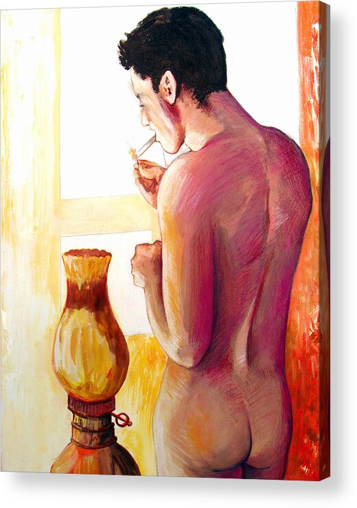 Nude Figure Acrylic Print featuring the painting Yellow Cigarette by Rene Capone