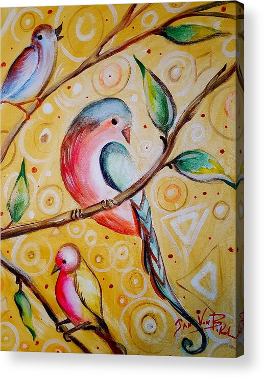 Golden Reds Three Birds Perched Tree Acrylic Print featuring the painting Sunshine Birds by Jan VonBokel
