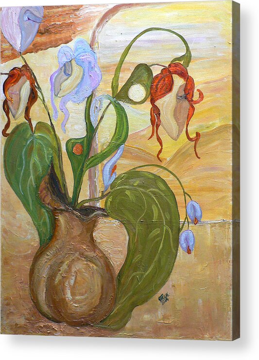 Figurative Art Paintings Acrylic Print featuring the painting Blooming Orchids in the Vase by Mila Ryk
