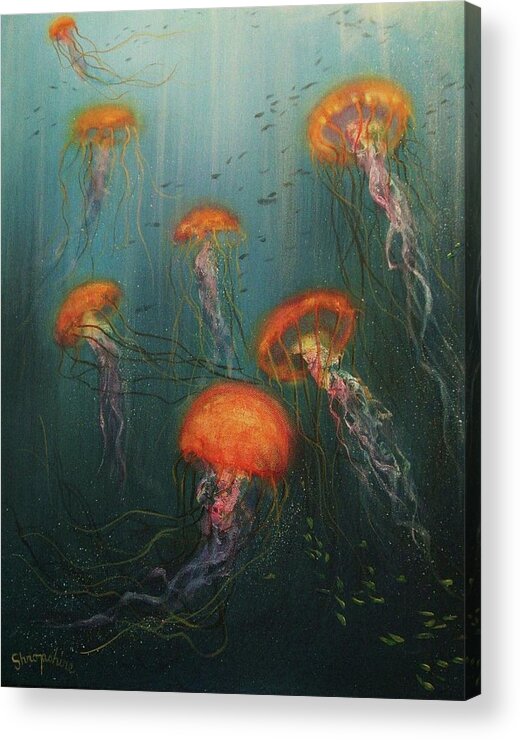 Jellies Acrylic Print featuring the painting Dance of the Jellyfish by Tom Shropshire