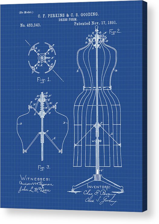 Tailor Acrylic Print featuring the digital art Dress Form Patent 1891 Blueprint by Bill Cannon