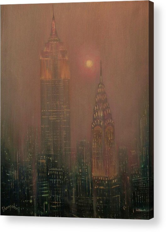 Chrysler Building Acrylic Print featuring the painting Giants in the Mist by Tom Shropshire