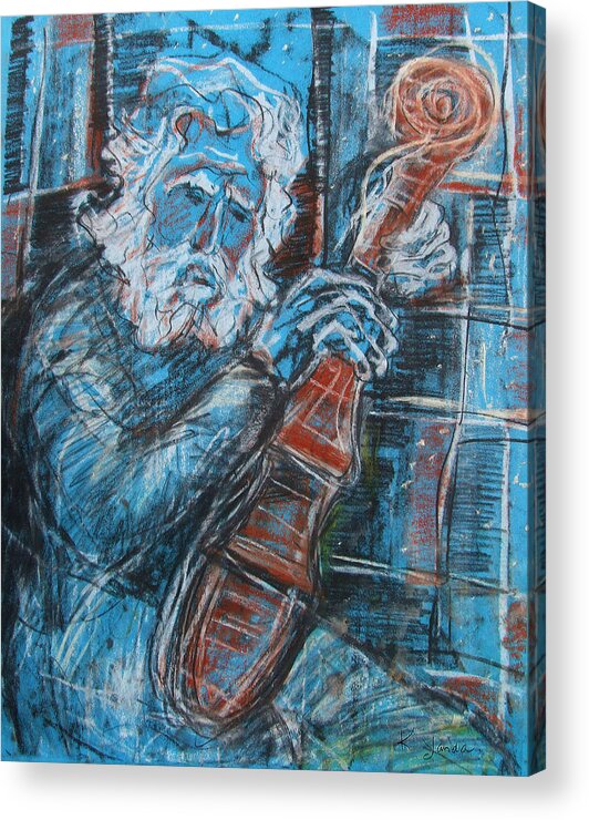 Original Art Pastel Chalk Drawing Old Man White Beard Playing Violin Acrylic Print featuring the pastel Old Man's Violin by Katt Yanda