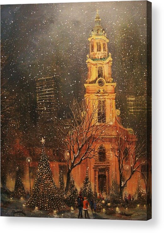 Cathedral Square Acrylic Print featuring the painting Snowfall in Cathedral Square - Milwaukee by Tom Shropshire
