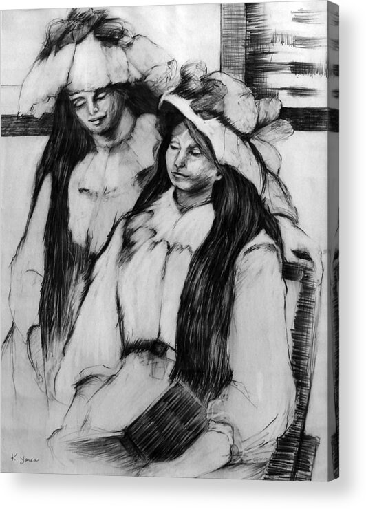 Katt Yanda Original Art Charcoal Drawing Female Twins Bonnets Acrylic Print featuring the drawing Twins by Katt Yanda