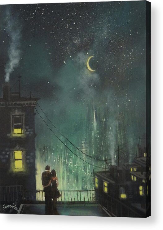 Up On The Roof; The Drifters; City Roof; Night City; Moon And Stars; Tom Shropshire Painting; City Lights; Crescent Moon; Couple On The Roof; Urban Landscape; Romance Acrylic Print featuring the painting Up On The Roof by Tom Shropshire