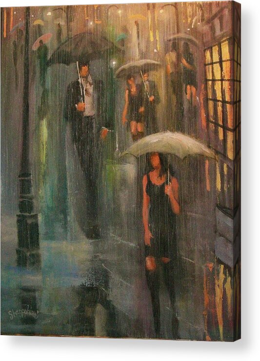  Downpour Acrylic Print featuring the painting Walking in the Rain by Tom Shropshire
