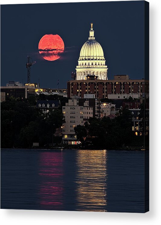 Capitol Wi Wisconsin Acrylic Print featuring the photograph Capitol Lunacy - full moon rising beside WI Capitol dome from Peninsula Point by Peter Herman