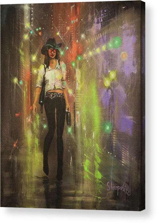 City At Night Acrylic Print featuring the painting Urban Cowgirl by Tom Shropshire