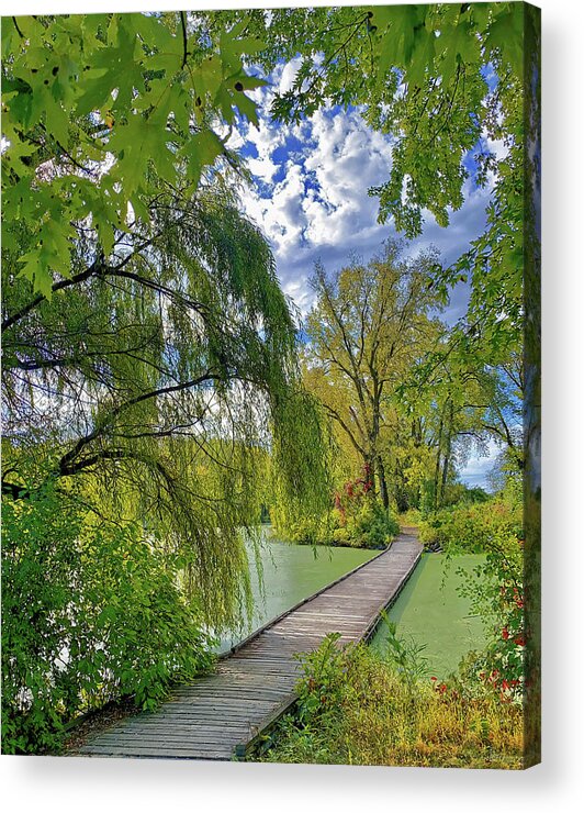 Floating Bridge Acrylic Print featuring the photograph Norsk Gangsti - Norwegian footpath - floating bridge in Viking County Park, Stoughton, WI by Peter Herman