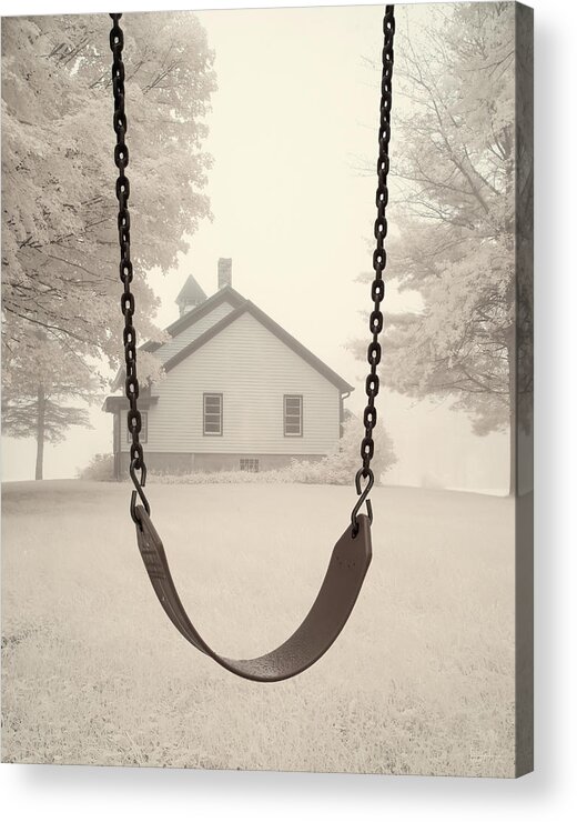 Smiley Face Acrylic Print featuring the photograph Go to your Happy Place - Historic Cooksville WI schoolhouse with swing on foggy morning by Peter Herman