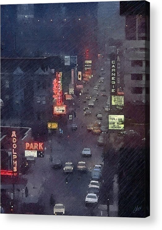 Chicago Acrylic Print featuring the digital art Rainy Evening on Rush Street - Chicago 1970s by Glenn Galen
