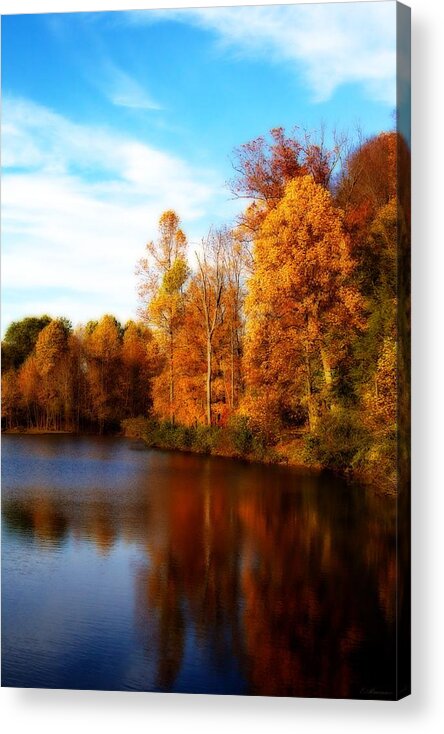 Autumn Acrylic Print featuring the photograph Fall Scene at Hedden Pond with Orton effect by Eleanor Abramson