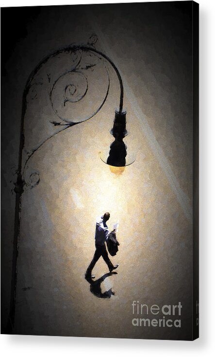 Man Walking Acrylic Print featuring the photograph Man under lamp in the Rocks by Sheila Smart Fine Art Photography