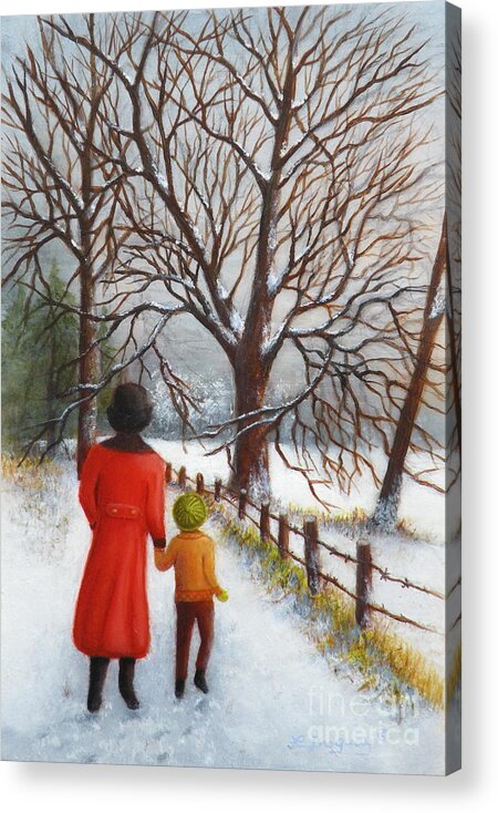 Winterscape Acrylic Print featuring the painting On a Wintry Walk with Gran by Lora Duguay