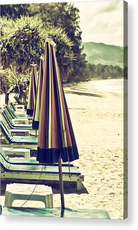Beach Chairs And Umbrellas Acrylic Print featuring the photograph Beach Chairs and Umbrellas by Georgia Clare