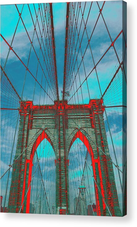 Brooklyn Bridge Psychedelic Acrylic Print featuring the photograph Brooklyn Bridge Red Shadows by Christopher J Kirby