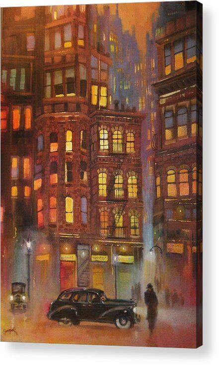 City At Night Acrylic Print featuring the painting City Noir by Tom Shropshire