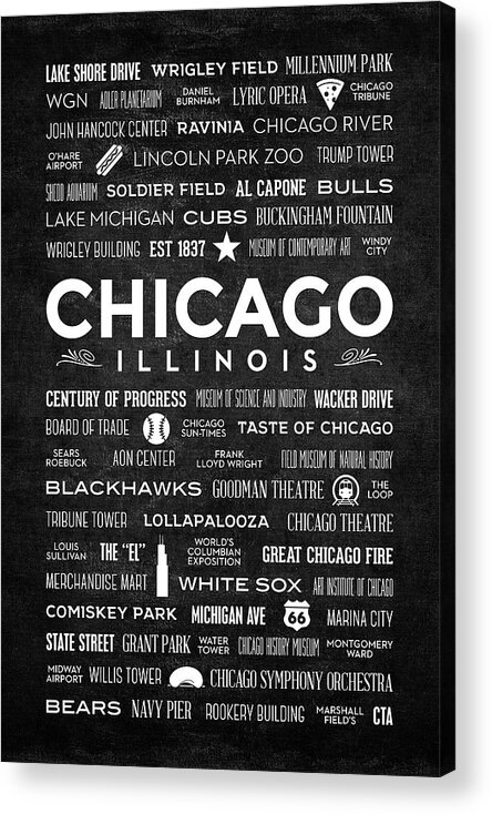 This Print On A Black Chalkboard Includes Words That Make Chicago World-renowned In Areas Of Finance Acrylic Print featuring the digital art Places of Chicago on Black Chalkboard by Christopher Arndt