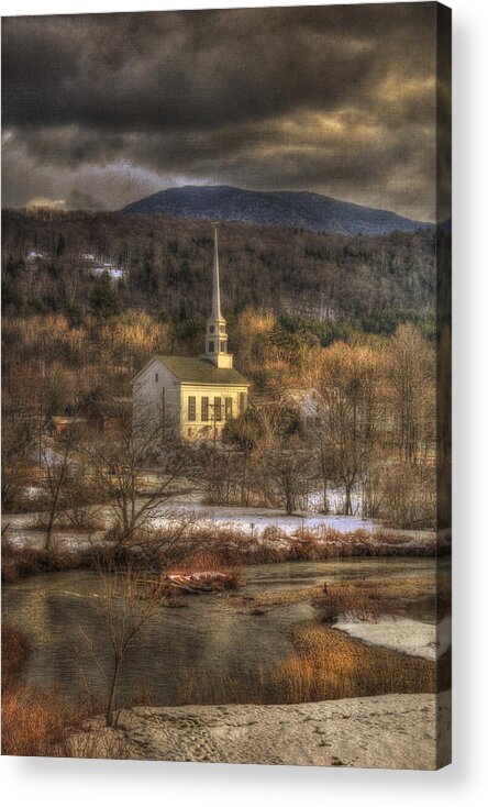 Stowe Vt Acrylic Print featuring the photograph Storm Clouds over White Church - Stowe Vermont by Joann Vitali