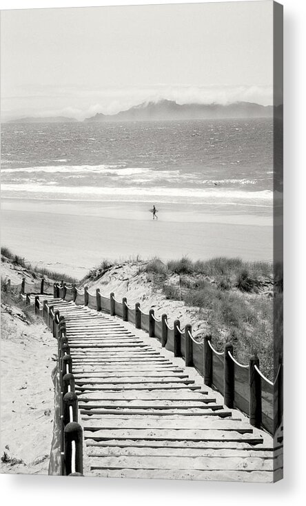 Black And White Acrylic Print featuring the photograph Surfers at Mangawhai Heads Beach - Northland, New Zealand by Andy Moine