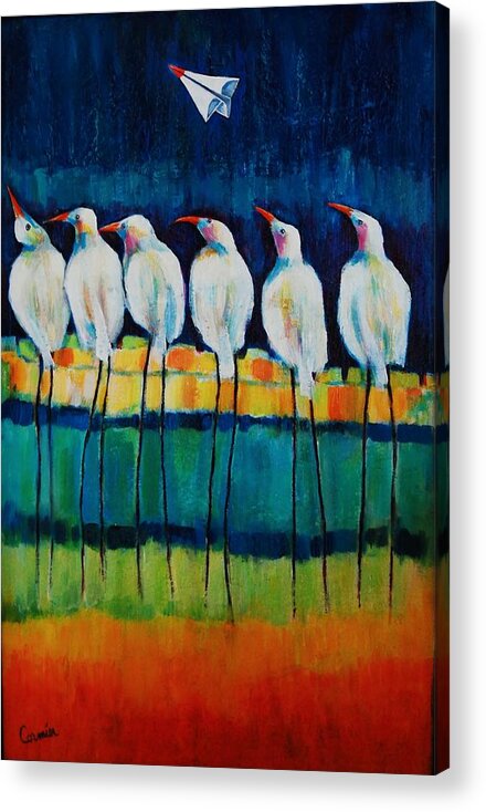 Expressive Birds Acrylic Print featuring the painting UFO Sighting by Jean Cormier