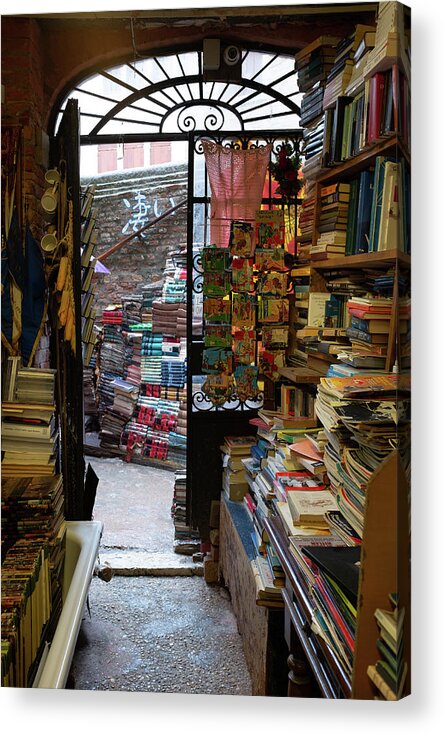 Venice Bookshop Acrylic Print featuring the photograph Inside the Acqua Alta - Venice by Georgia Clare