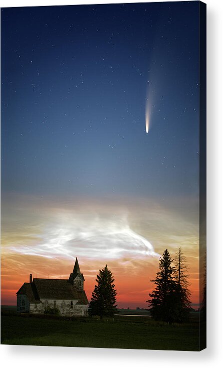 Comet Acrylic Print featuring the photograph Cosmic Church Visitor - Comet NEOWISE and noctilucent clouds above abandoned ND Big Coulee Church by Peter Herman