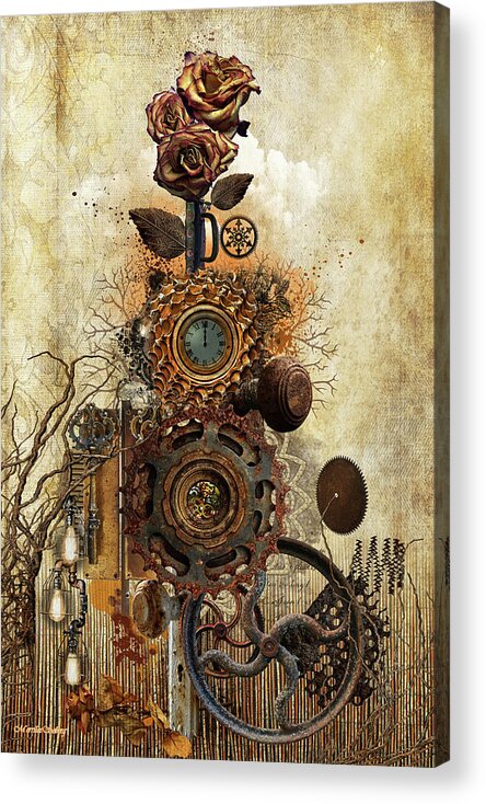 Steampunk Acrylic Print featuring the digital art Geared to Bloom by Merrilee Soberg