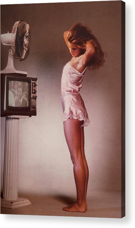 Girl Acrylic Print featuring the photograph Girl and a TV 1980 by Steve Ladner