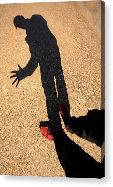 Silhouette #shadow Photography #artwork Style #shadow And Light #sandy Beach#red Shoes#jurmala Beach Acrylic Print featuring the photograph Red Shoes /Jurmala by Aleksandrs Drozdovs