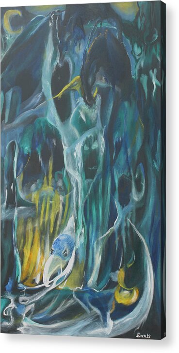 Ennis Christophe Painting Surrealism Automatism Abstract Expressionist Ghoul Scythe Crow Rat Vulture Skull Graveyard Spirit Ghost Acrylic Print featuring the painting Cloak Of The Ghoul by Christophe Ennis