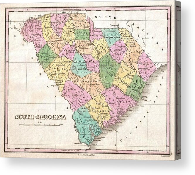 A Beautiful Example Of Finley's Important 1827 Map Of South Carolina. This Rare Map Plate Configuration Depicts The State Individually Rather Than Bundled With North Carolina - As Is More Common. Depicts The State With Moderate Detail In Finley's Classic Minimalist Style. Shows River Ways Acrylic Print featuring the photograph 1827 Finley Map of South Carolina by Paul Fearn