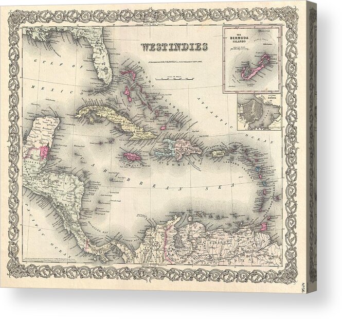  Acrylic Print featuring the photograph 1855 Colton Map of the West Indies by Paul Fearn