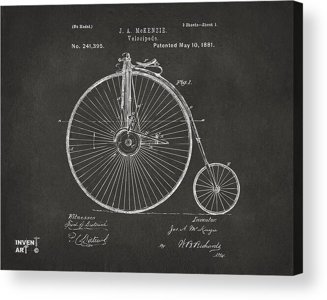 Velocipede Acrylic Print featuring the digital art 1881 Velocipede Bicycle Patent Artwork - Gray by Nikki Marie Smith