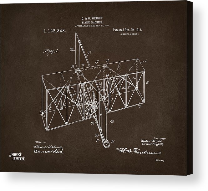 Wright Brothers Acrylic Print featuring the digital art 1914 Wright Brothers Flying Machine Patent Espresso by Nikki Marie Smith
